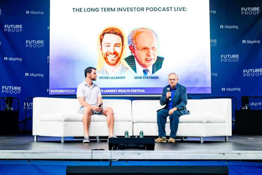 Peter Lazaroff and Meir Statman speaking at Future Proof 2023, both sitting on a white sofa with microphones in their hands
