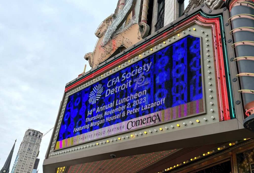 Image of the billboard at the Fox Theater in Detroit advertising the CFA Society of Detroit’s Annual Luncheon